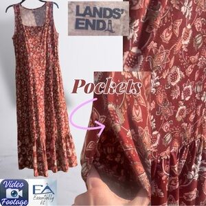Lands' End Rust Floral Tiered Maxi Dress L Cottagecore Boho Prairie Flowy